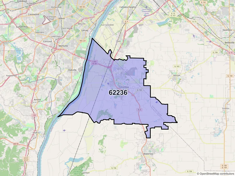 Map of Columbia, Illinois and ZIP codes