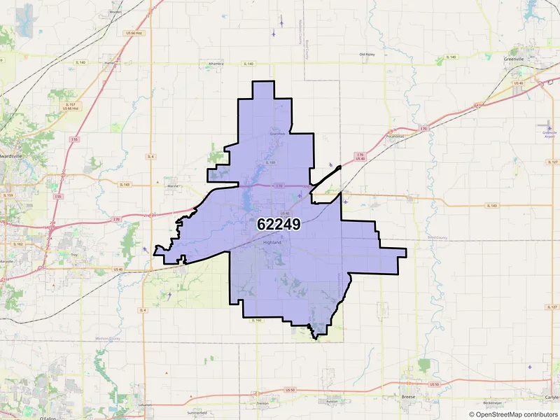 Map of Highland, Illinois and ZIP codes