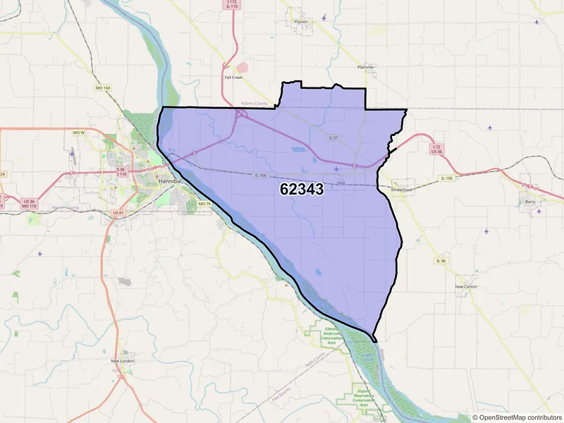 Map of ZIP Code 62343 — Hull, IL