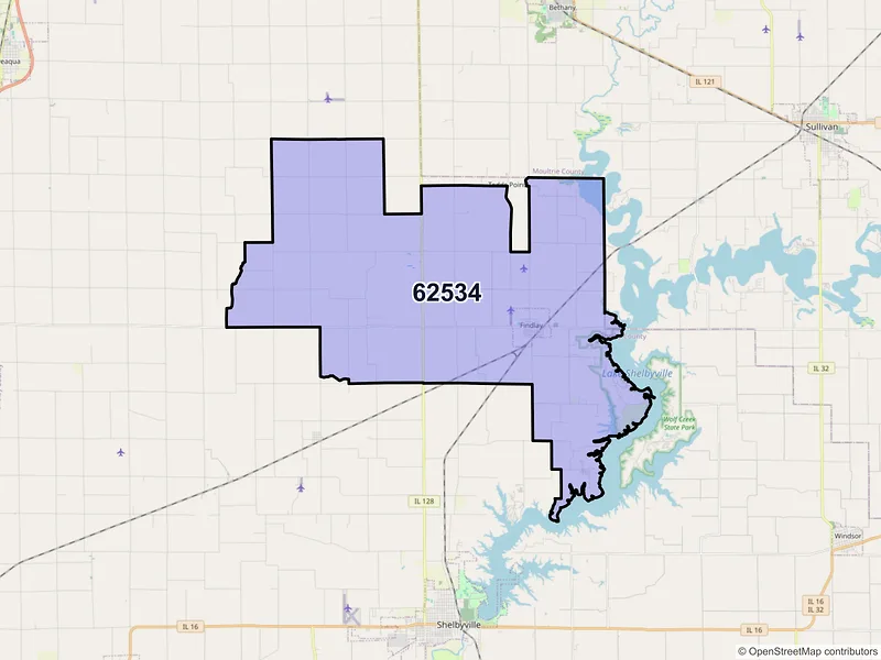 Map of Findlay, Illinois and ZIP codes