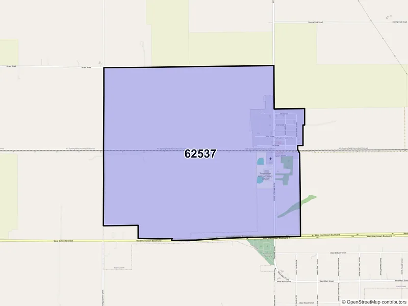 Map of Harristown, Illinois and ZIP codes