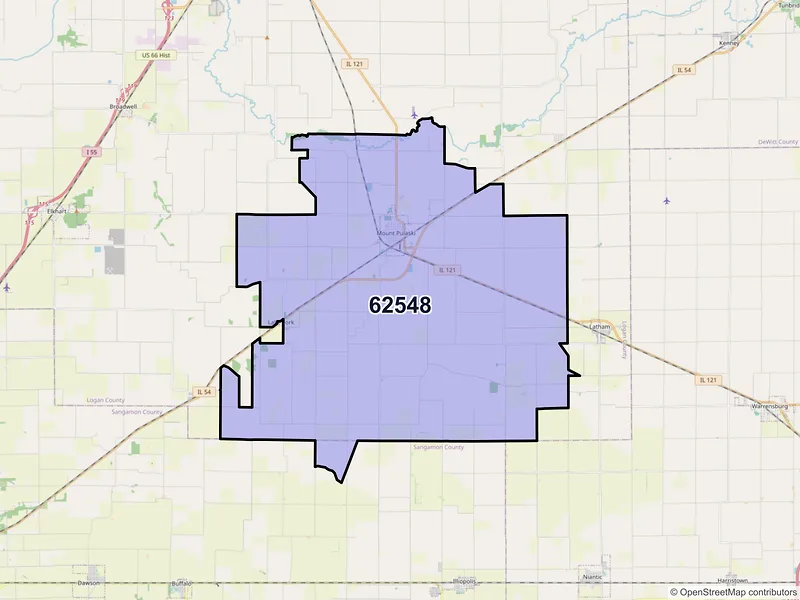Map of ZIP Code 62548 — Mount Pulaski, IL