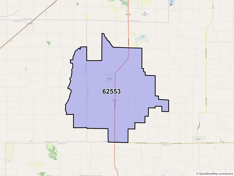 Map of Oconee, Illinois and ZIP codes