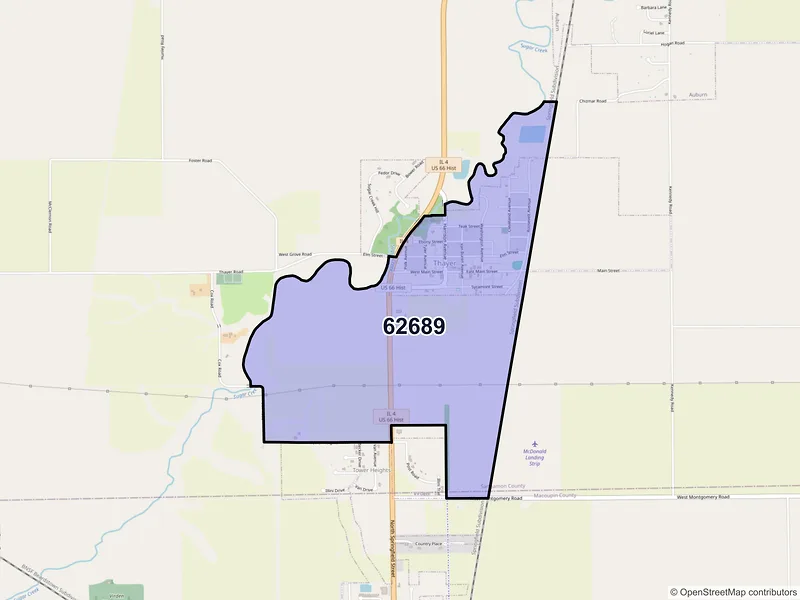 Map of Thayer, Illinois and ZIP codes