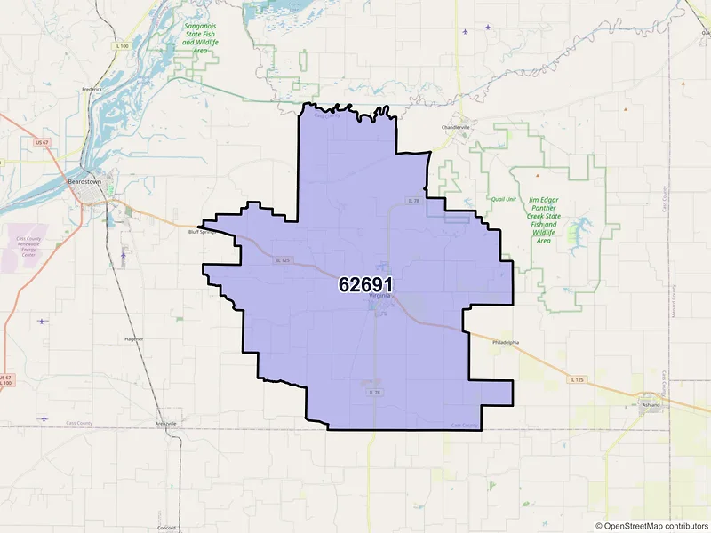 Map of ZIP Code 62691 — Virginia, IL