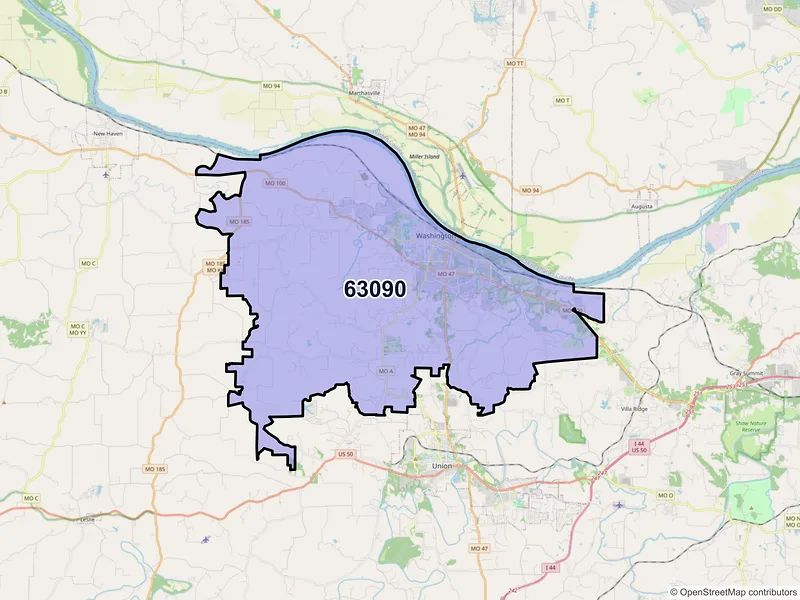 Map of Washington, Missouri and ZIP codes