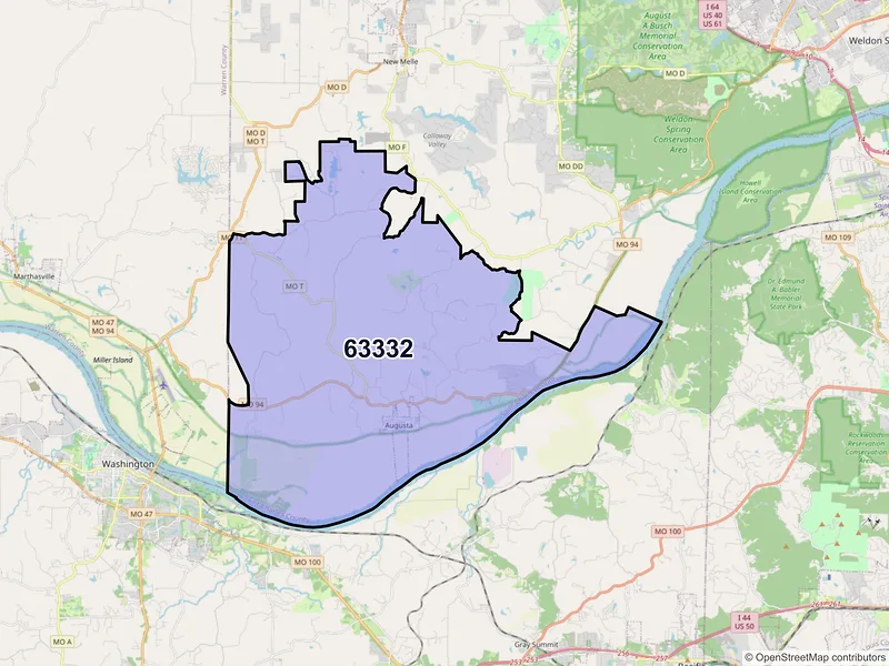 Map of Augusta, Missouri and ZIP codes