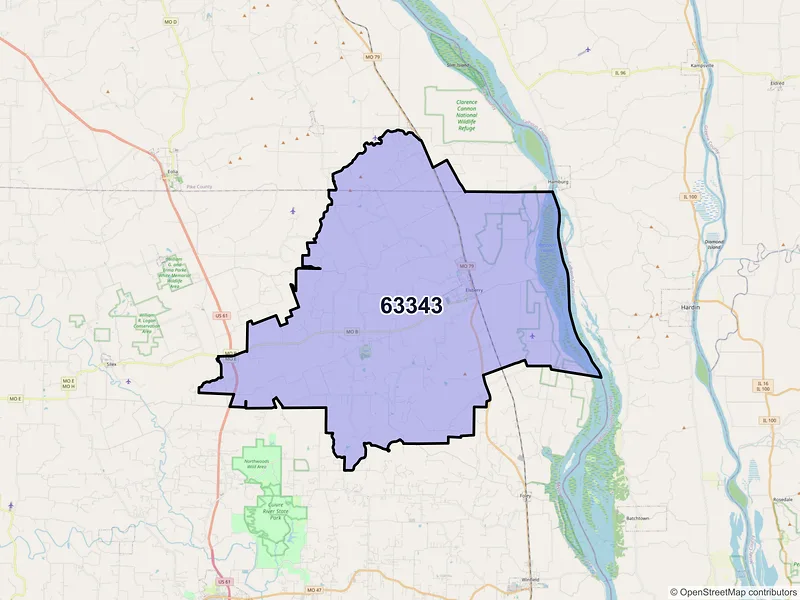 Map of Elsberry, Missouri and ZIP codes