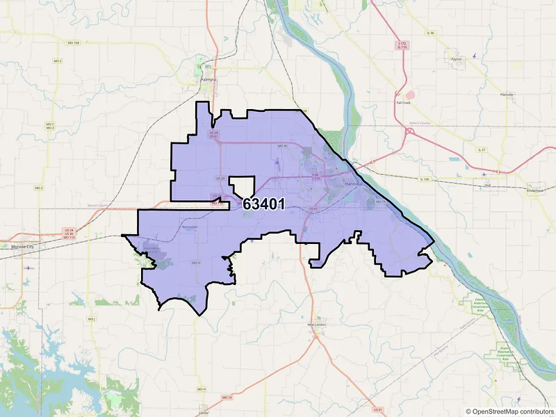 Map of Hannibal, Missouri and ZIP codes