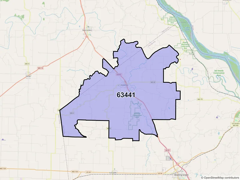 Map of Frankford, Missouri and ZIP codes