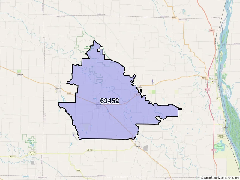 Map of Lewistown, Missouri and ZIP codes