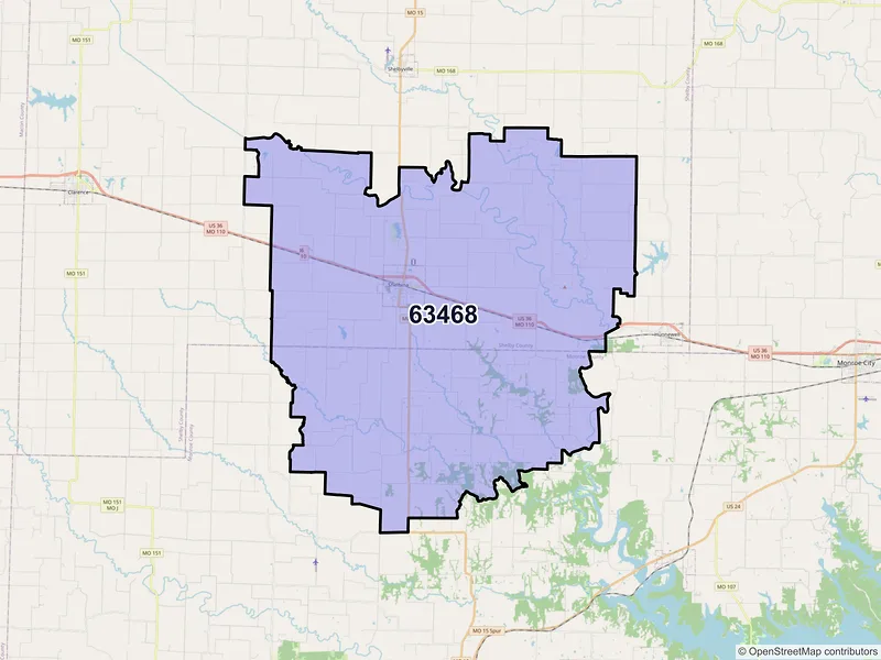 Map of Shelbina, Missouri and ZIP codes