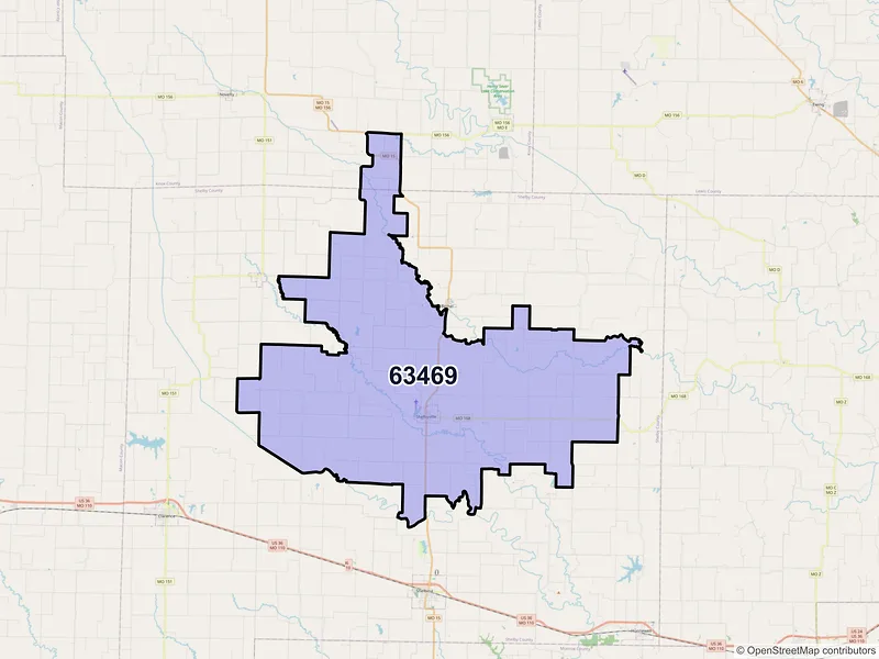 Map of Shelbyville, Missouri and ZIP codes