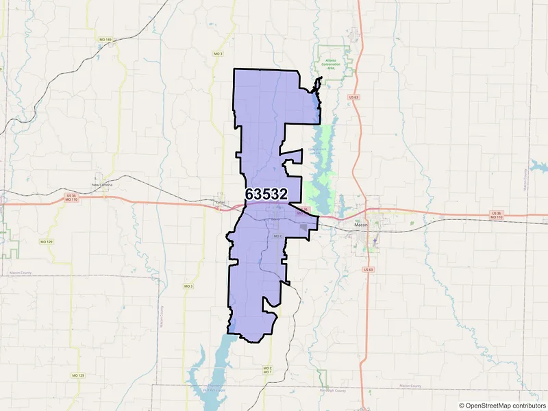 Map of ZIP Code 63532 — Bevier, MO