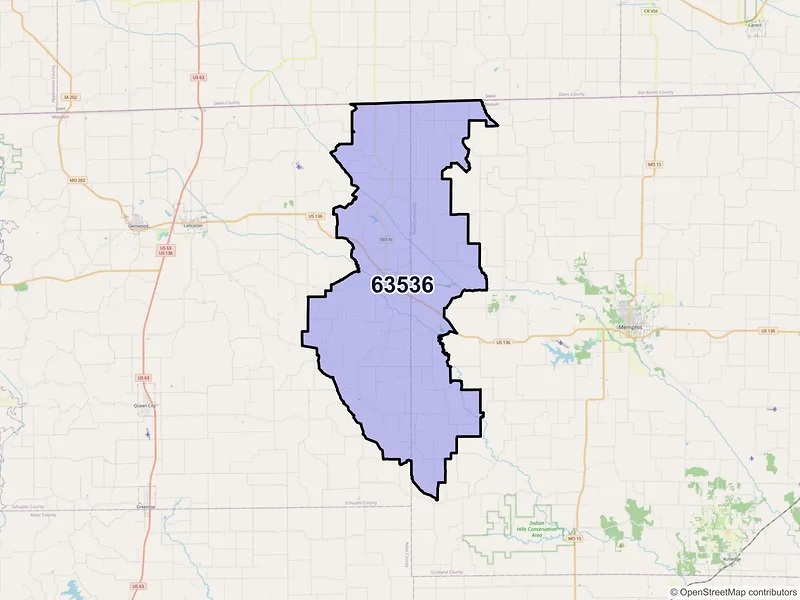 Map of ZIP Code 63536 — Downing, MO