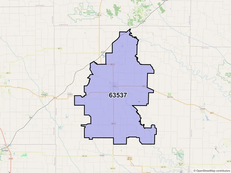Map of ZIP Code 63537 — Edina, MO