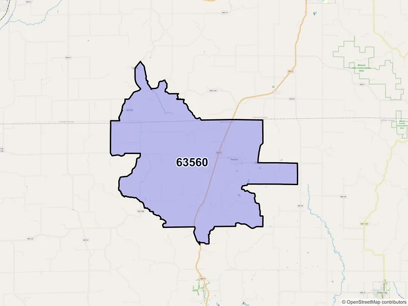 Map of Pollock, Missouri and ZIP codes