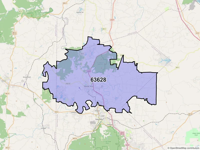 Map of ZIP Code 63628 — Bonne Terre, MO