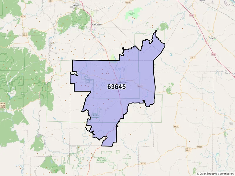 Map of Fredericktown, Missouri and ZIP codes