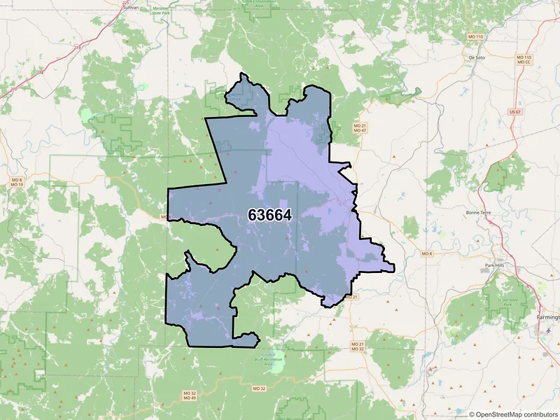 Map of Potosi, Missouri and ZIP codes