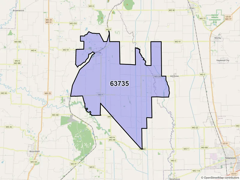 Map of ZIP Code 63735 — Bell City, MO