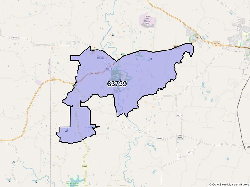 Map of Burfordville, Missouri and ZIP codes