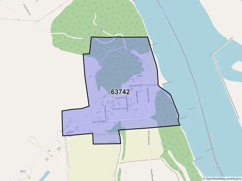 Map of Commerce, Missouri and ZIP codes