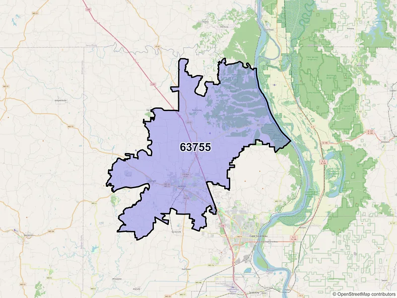 Map of Jackson, Missouri and ZIP codes