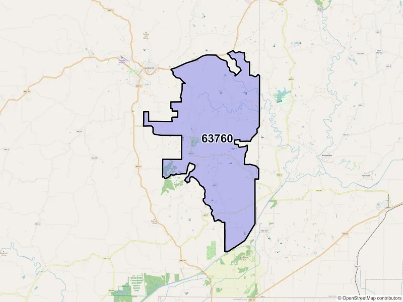 Map of Leopold, Missouri and ZIP codes