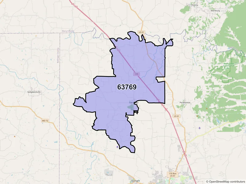 Map of ZIP Code 63769 — Oak Ridge, MO
