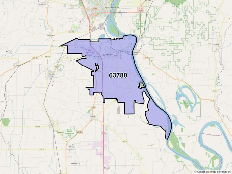 Map of Scott City, Missouri and ZIP codes