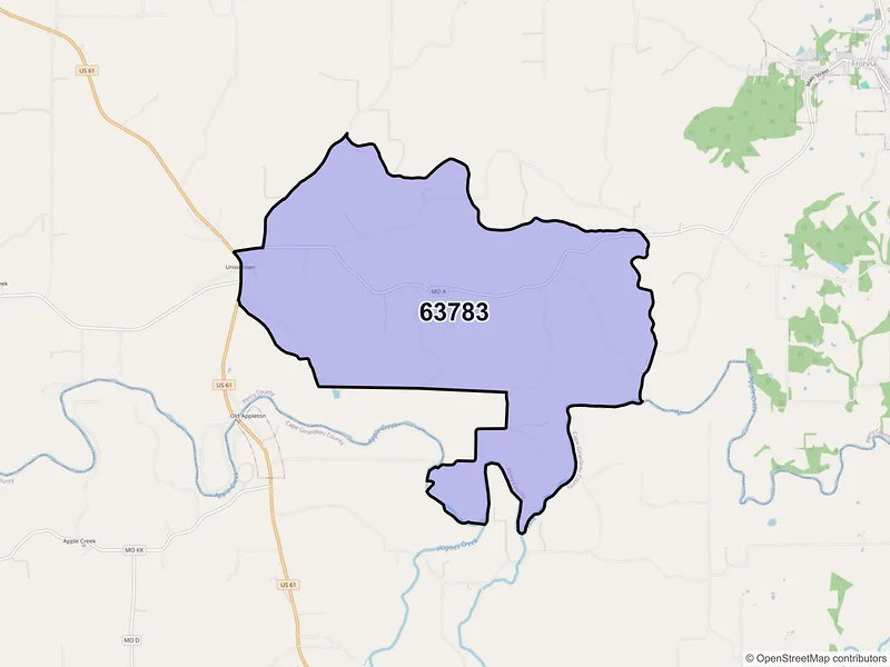 Map of Uniontown, Missouri and ZIP codes