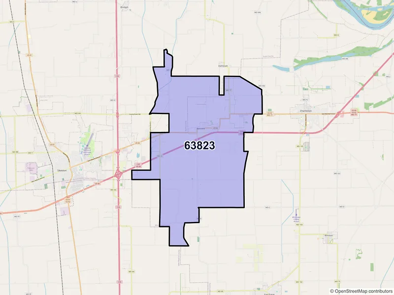 Map of Bertrand, Missouri and ZIP codes