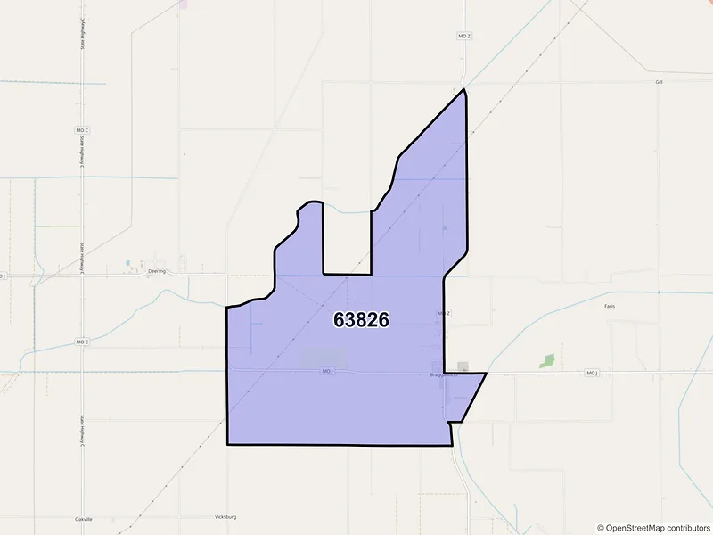Map of Braggadocio, Missouri and ZIP codes