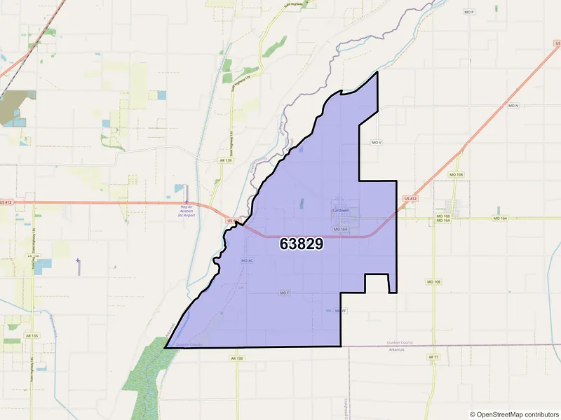 Map of ZIP Code 63829 — Cardwell, MO