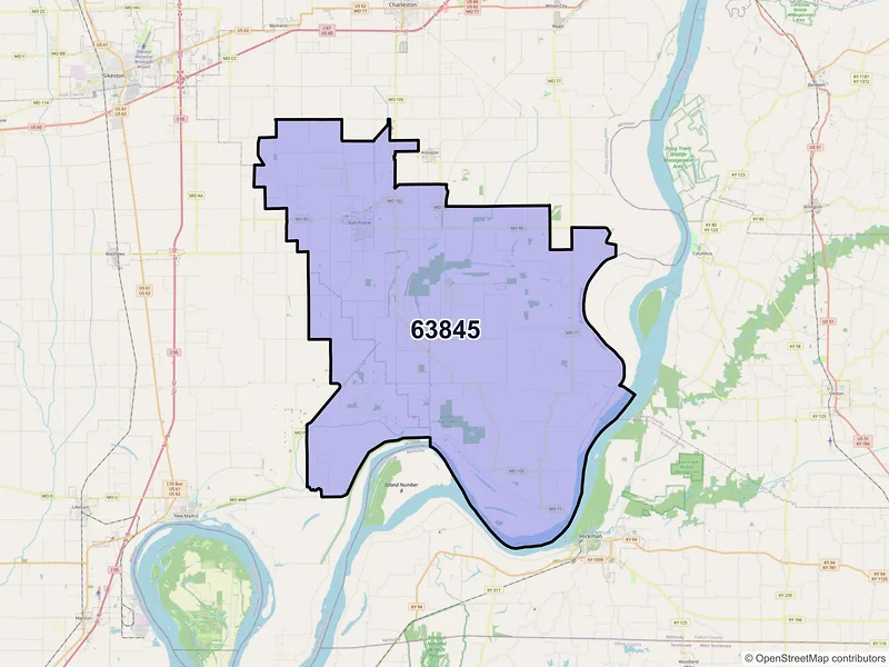 Map of ZIP Code 63845 — East Prairie, MO
