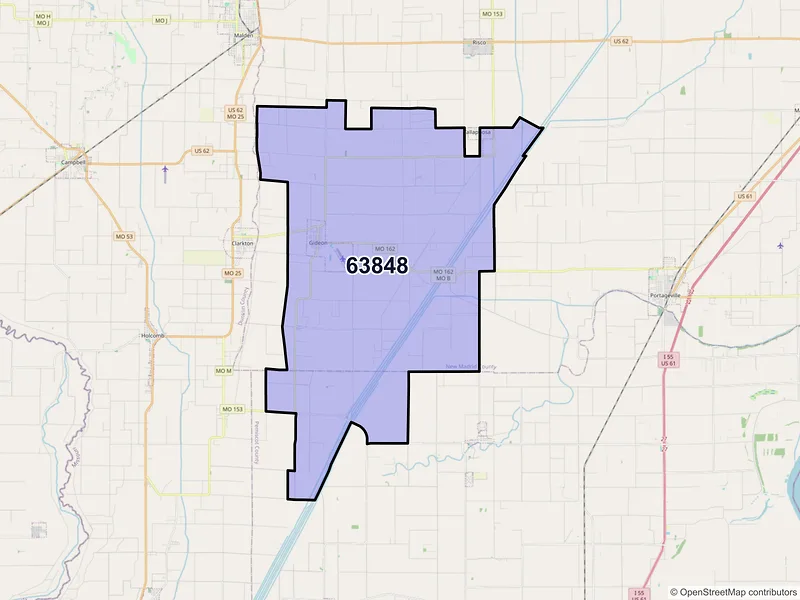 Map of ZIP Code 63848 — Gideon, MO
