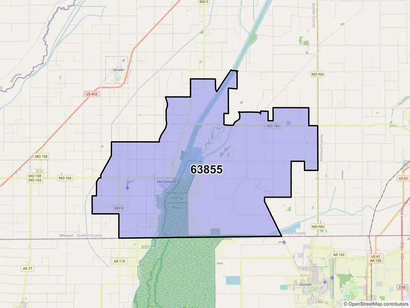 Map of Hornersville, Missouri and ZIP codes