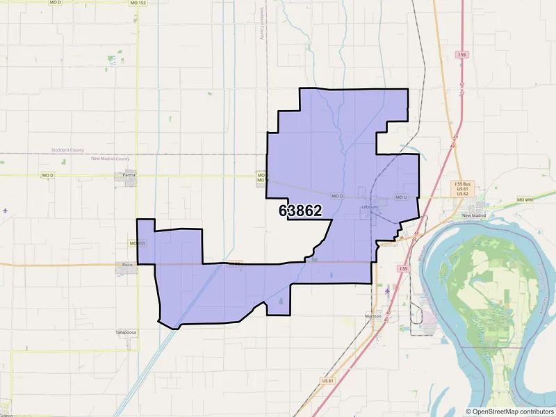 Map of ZIP Code 63862 — Lilbourn, MO
