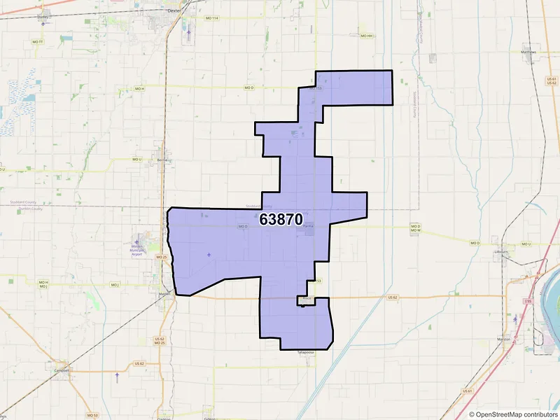 Map of Parma, Missouri and ZIP codes