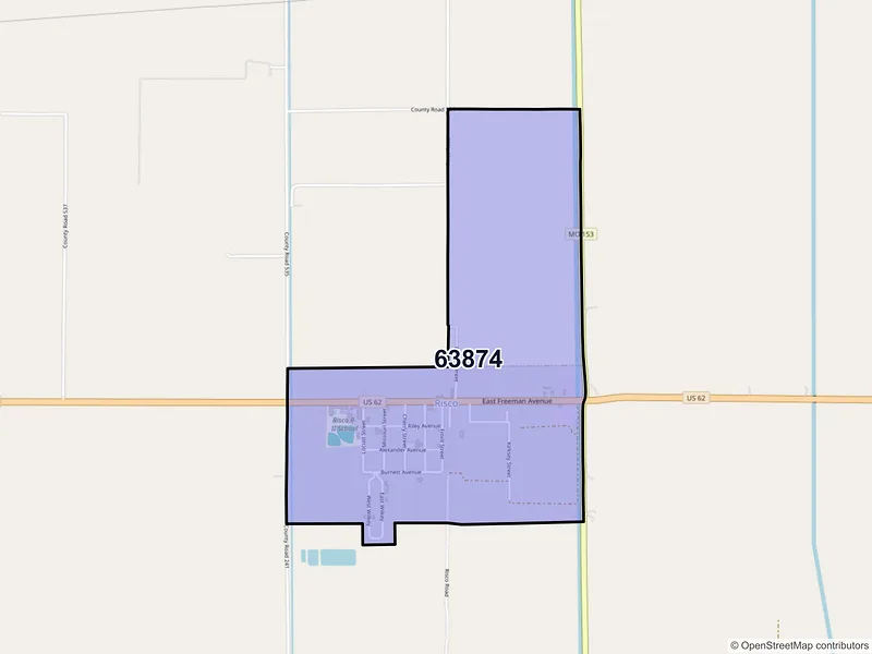 Map of Risco, Missouri and ZIP codes
