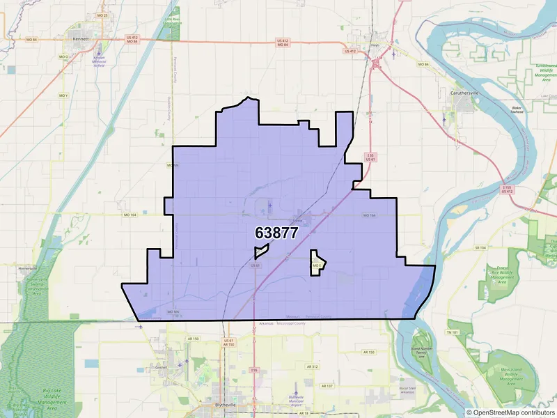 Map of ZIP Code 63877 — Steele, MO