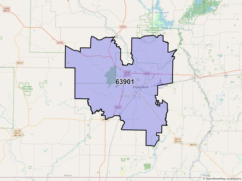 Map of ZIP Code 63901 — Poplar Bluff, MO