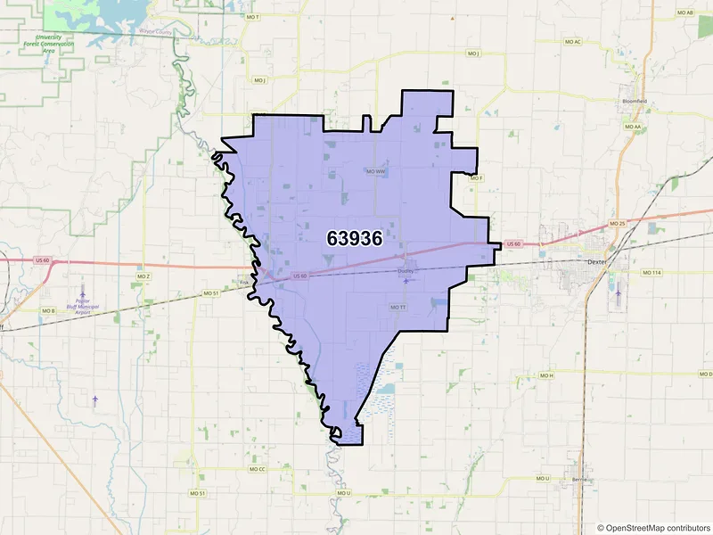 Map of ZIP Code 63936 — Dudley, MO