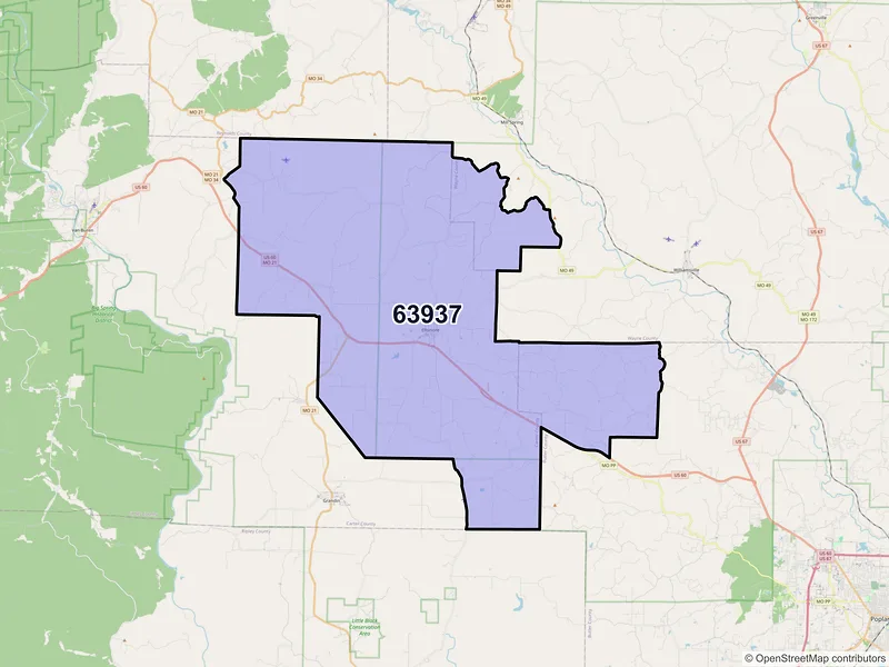 Map of Ellsinore, Missouri and ZIP codes