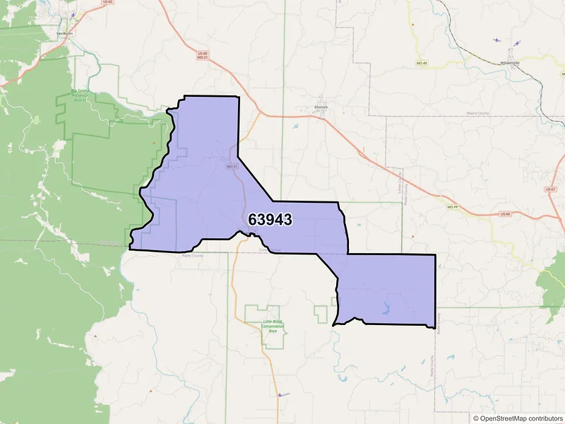 Map of Grandin, Missouri and ZIP codes