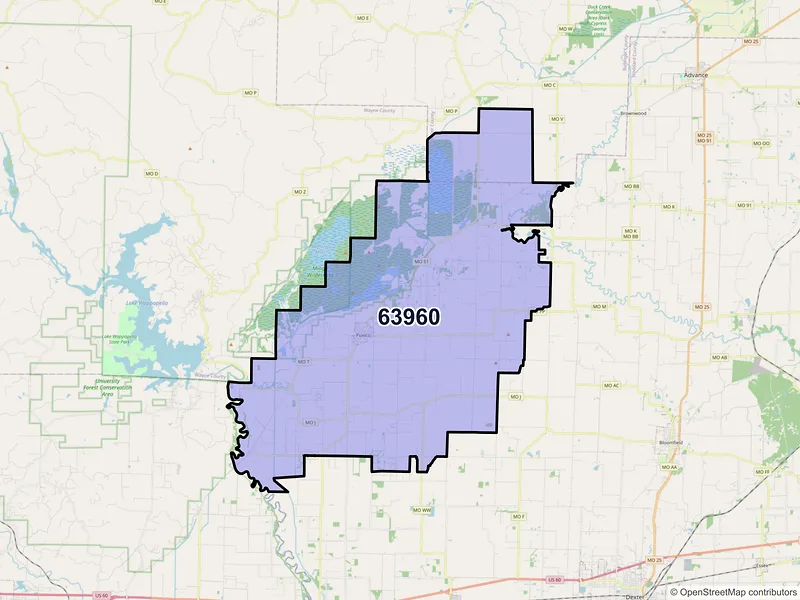 Map of Puxico, Missouri and ZIP codes