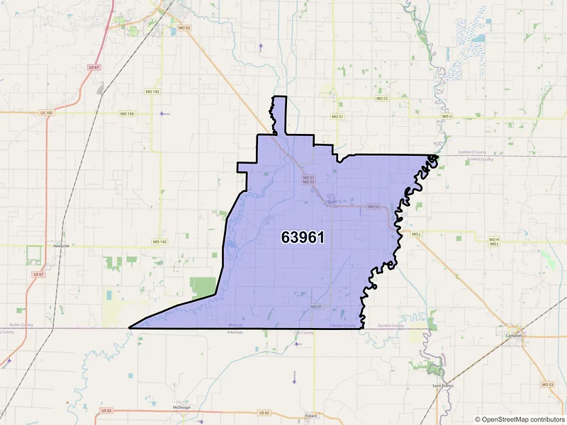 Map of ZIP Code 63961 — Qulin, MO