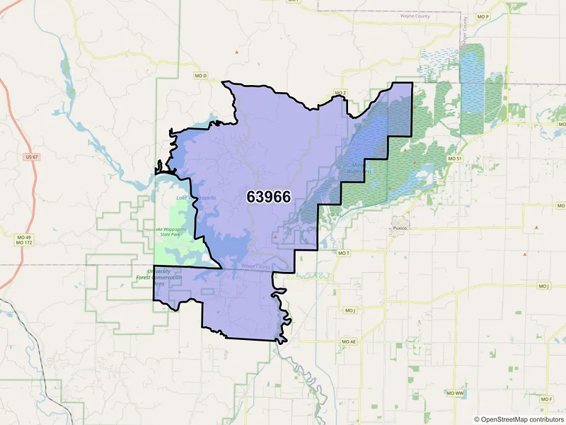 Map of Wappapello, Missouri and ZIP codes