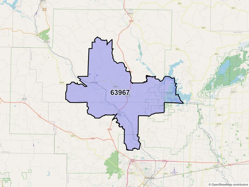 Map of Williamsville, Missouri and ZIP codes